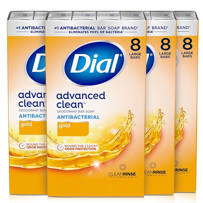 Dial Antibacterial Deodorant Bar Soap, Advanced Clean Gold, 4 Oz, 32 Bars, Round the Clock Odor Protection, Dermatologist Tested, With Clean Rinse Technology