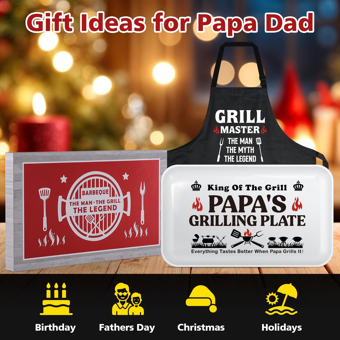 Papa Gifts,Christmas Birthday Gifts for Dad from Daughter Son,Best Papa Gift from Grandkids,Great Dad Grandpa Grandparents Present from Granddaughter Grandson,Funny BBQ Grilling Platter with Apron Set