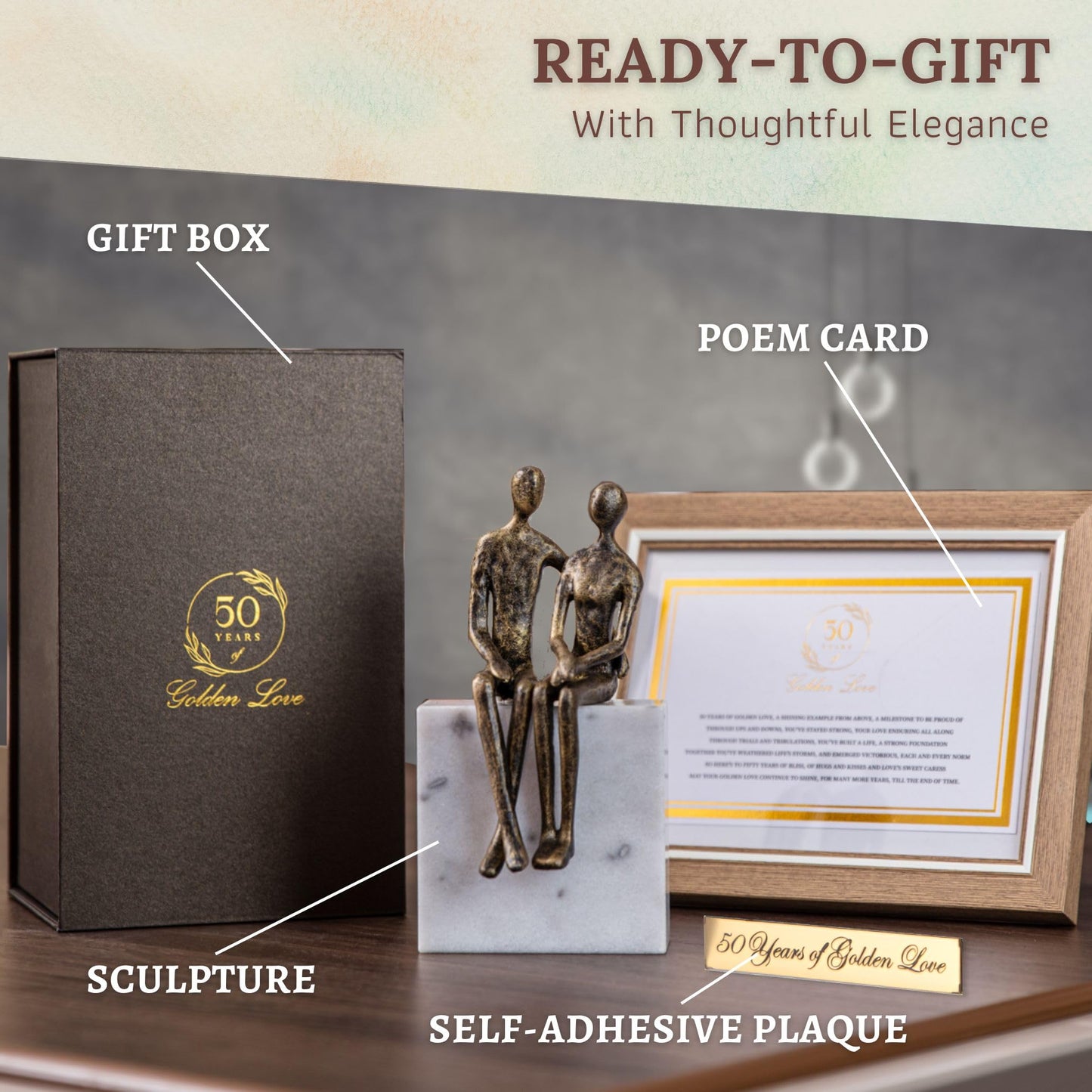 DCAPILLA 50th Wedding Anniversary Couple Gifts - Iron and Marble Sculpture - Gifts for 50th Wedding Anniversary for Parents or Friends - Includes Present Box, Engraved Plaque and Poem Card