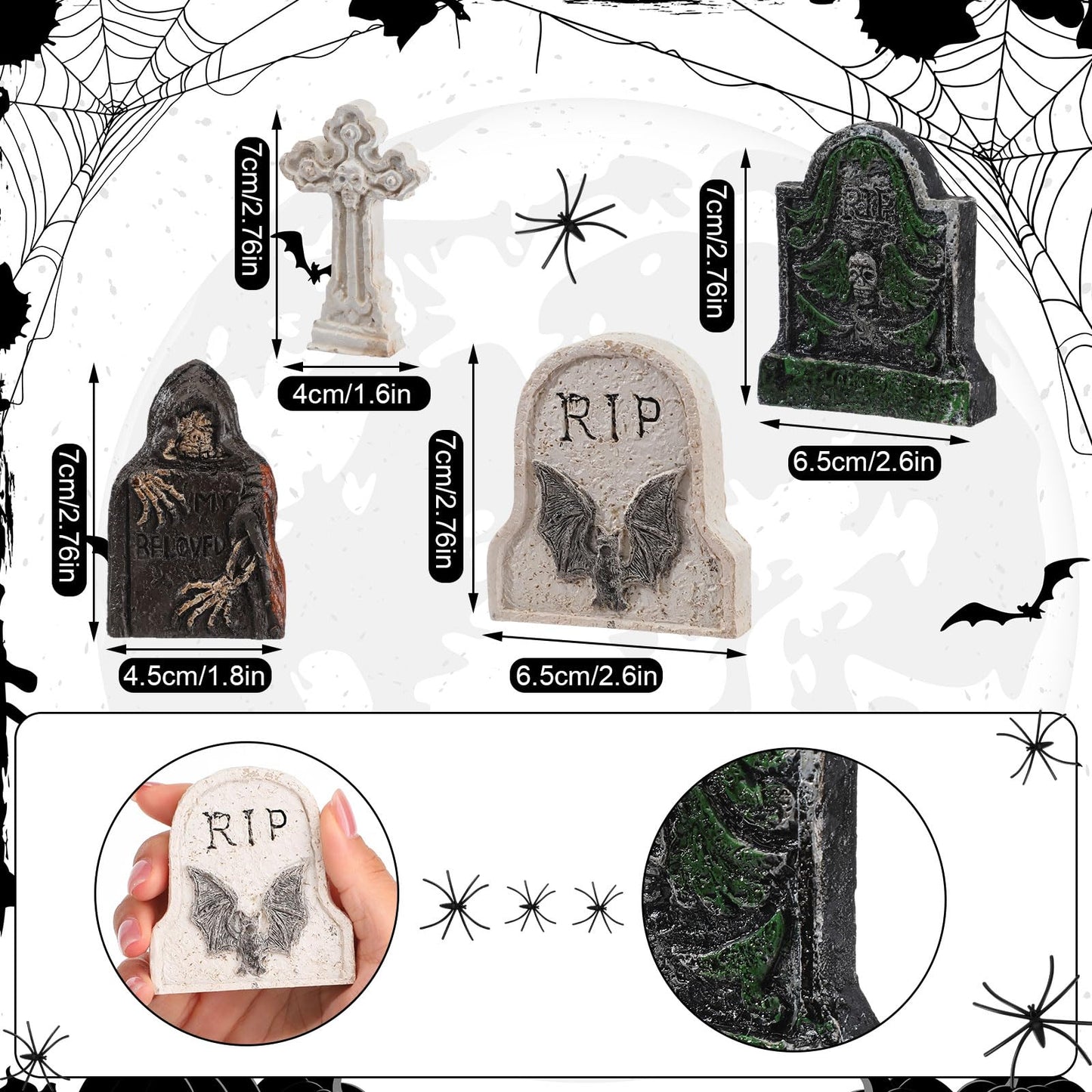 Liliful 32 Pcs Halloween Village Accessories Ornaments Set Spooky Halloween Town Tombstones Skeleton Tiny Trees Fake Spiders Decor Village Set for Party Town Decorations