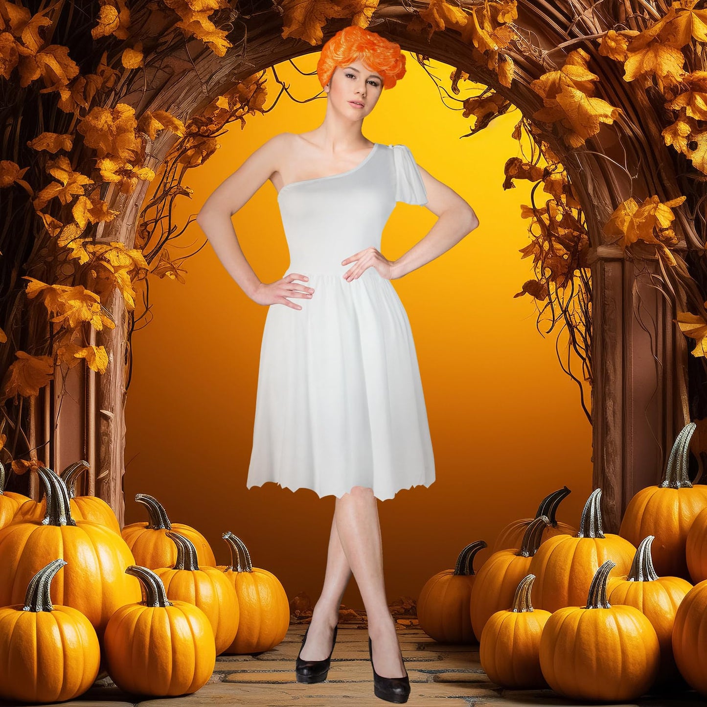 Liitrsh Halloween Women Caveman Costume Set White Dress Orange Wig for Couple Family Stone Period Theme Party Cosplay(XLarge)