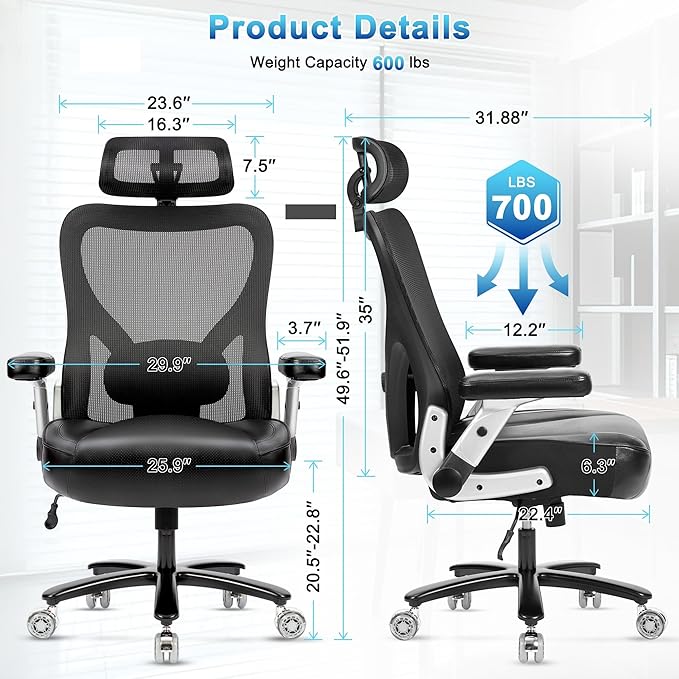 Super Big and Tall Office Chair 700lbs- Heavy Duty Executive Computer Chair with Rubber Wheels 3D Flip Arms, Ergonomic Mesh High Back Desk Chair, Extra Wide Seat Adjustable Lumbar Support&Headrest