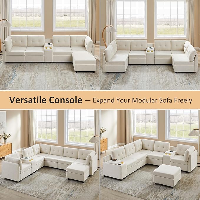 VANOMi 5 Seater Modular Sectional Sofa, Convertible Modular Cloud Sofa Bed with Ottoman, Comfy Chenille Sofas & Couches for Living Room, Apartment, Office, White, Sofa Bed