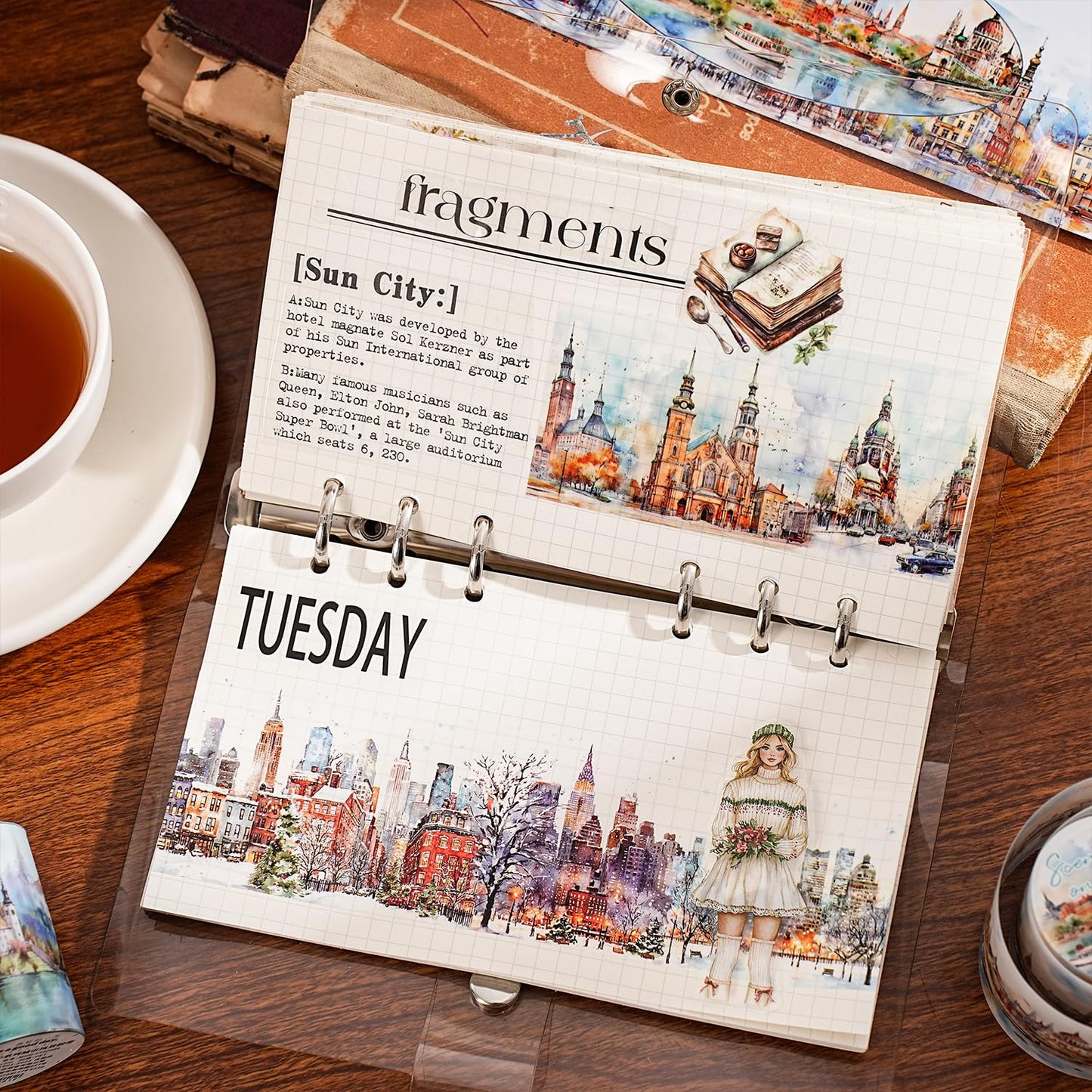 City Landscape PET Tape Set with Clip, 6 Rolls Scenic Tape for Scrapbooking, Journaling, DIY Crafts, and Planners