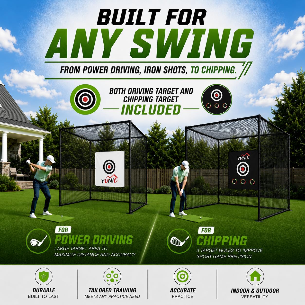 YUNIC Golf Driving Cage with Steel Frame, Golf Nets for Backyard Driving for Full Swing and Chipping Practice Indoor Outdoor (Black, 10'(W) x8'(H) x5'(D))