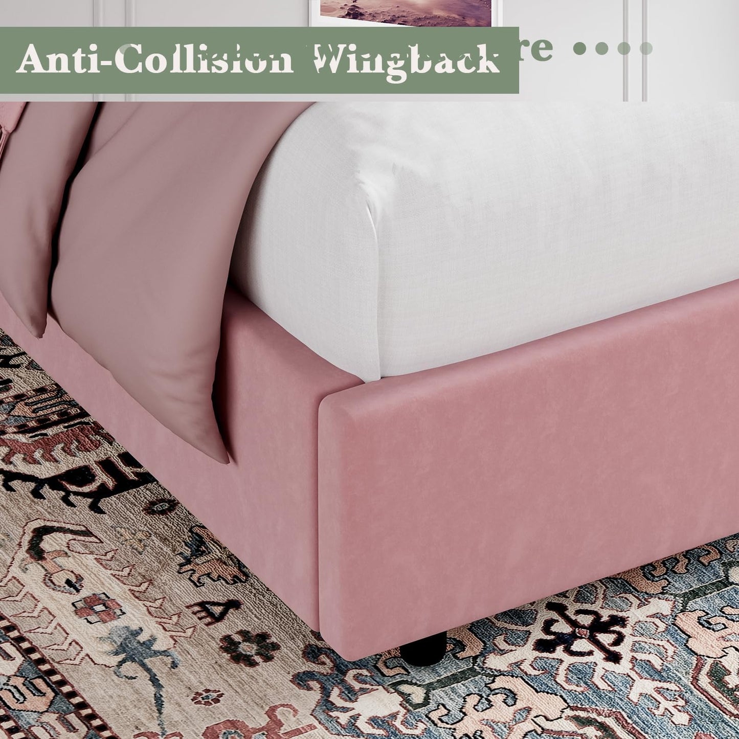HOMBCK Pink Full Size Bed Frame, Upholstered Platform Bed Frame with Velvet Tufted Headboard, Curved Wingback Design, Wooden Slats, No Box Spring, Noise Free, Easy Assembly