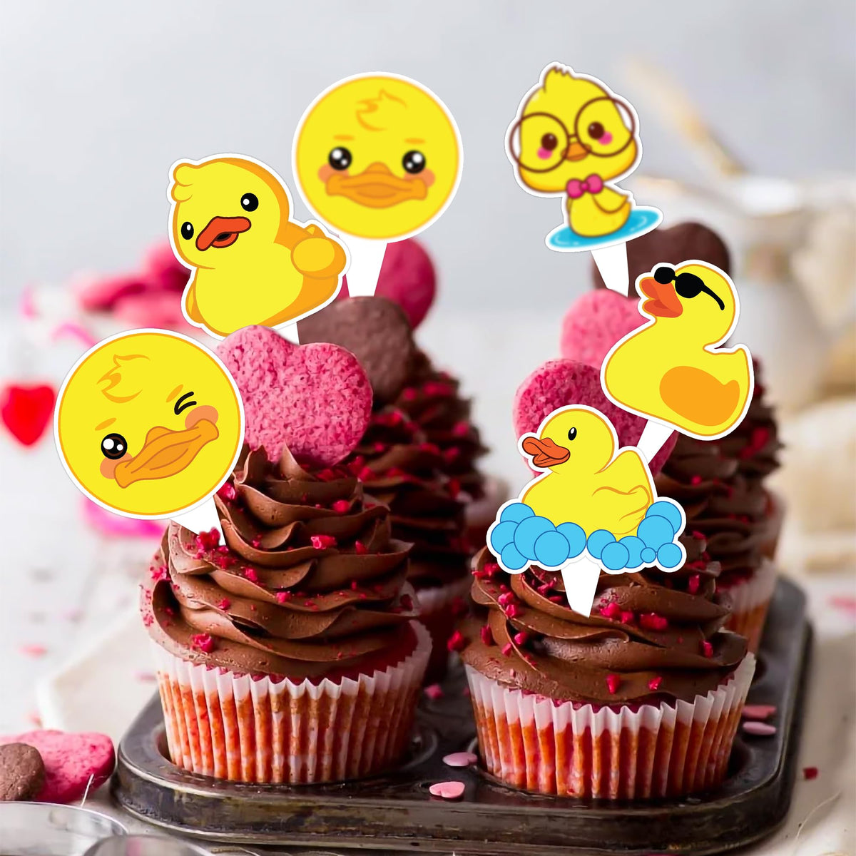 Duck Cake Topper Picks, 25 PCS Rubber Yellow Duck Cupcake Toppers Cake Decorations Ducky Farm Animal Theme Birthday Party Supplies Favors Decor Centerpiece Table for Boys Girls Carnival School Rewards