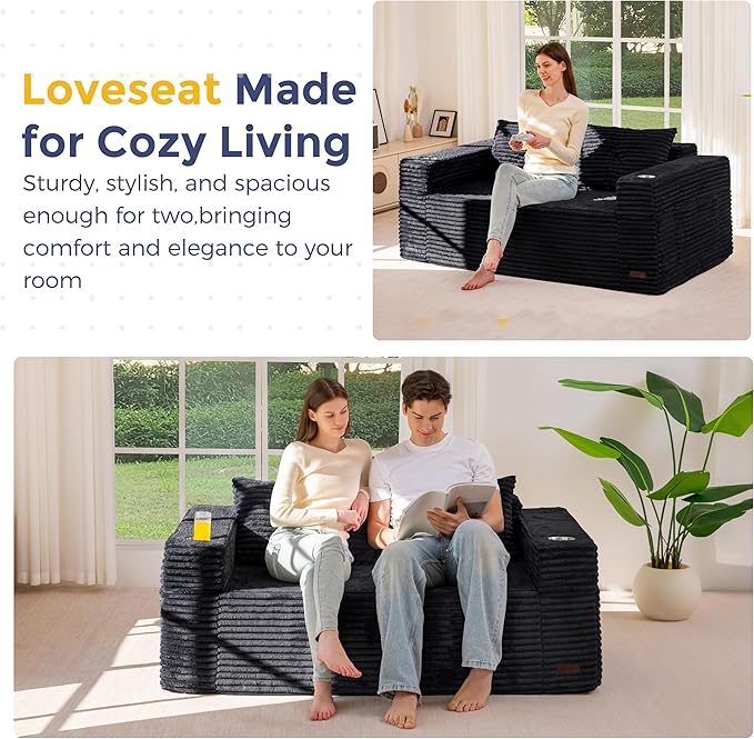 MAXYOYO 63" Boneless Loveseat Sofa Couch for Small Spaces, Mini Love Seat Floor Couch with Cup Holders and Pillows, 2-Seater Upholstered Cloud Couch for Bedroom Apartment, No Assembly Required