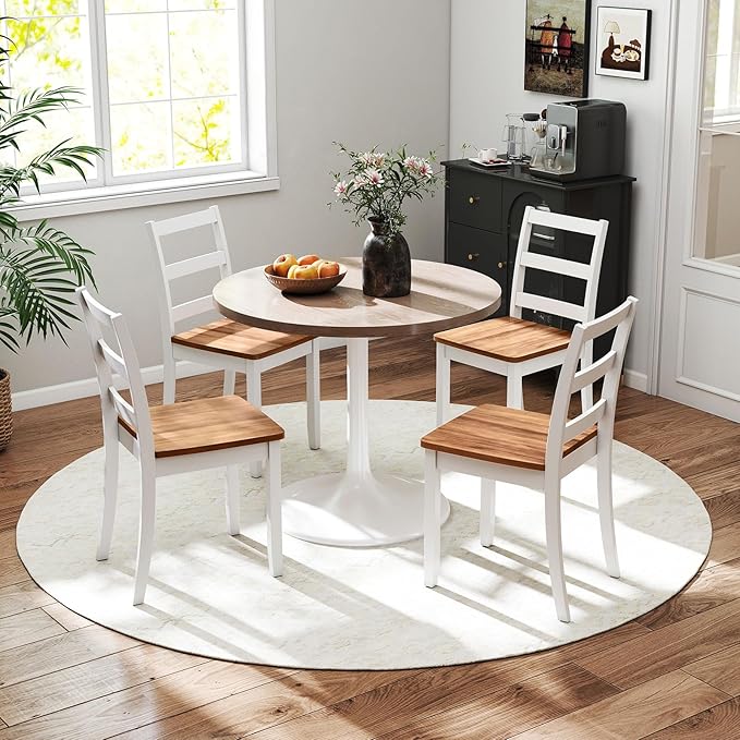 Giantex Dining Chairs, Wooden Armless Kitchen Chairs with Solid Rubber Wood Legs, Farmhouse Ladder Back Dining Chairs for Dining Room (4, White+Brown)