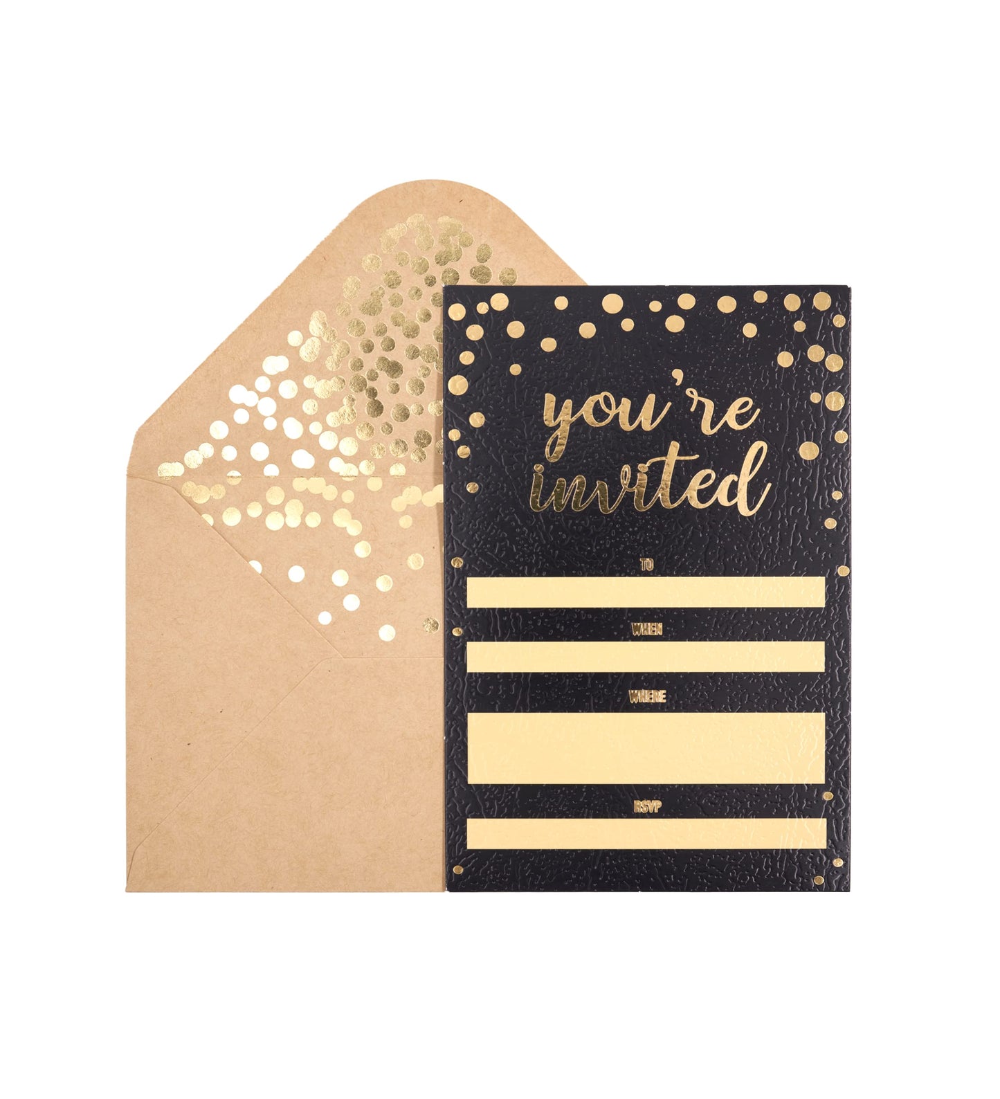 Invitation Cards - 50-Count 4" x 6" Black Invitation Cards ‘’You Are Invited’’ in Gold Foil with 52 Gold Confetti Foil Kraft Envelopes – Invitation Cards For Wedding, Bridal Shower, Baby Shower, Birthday