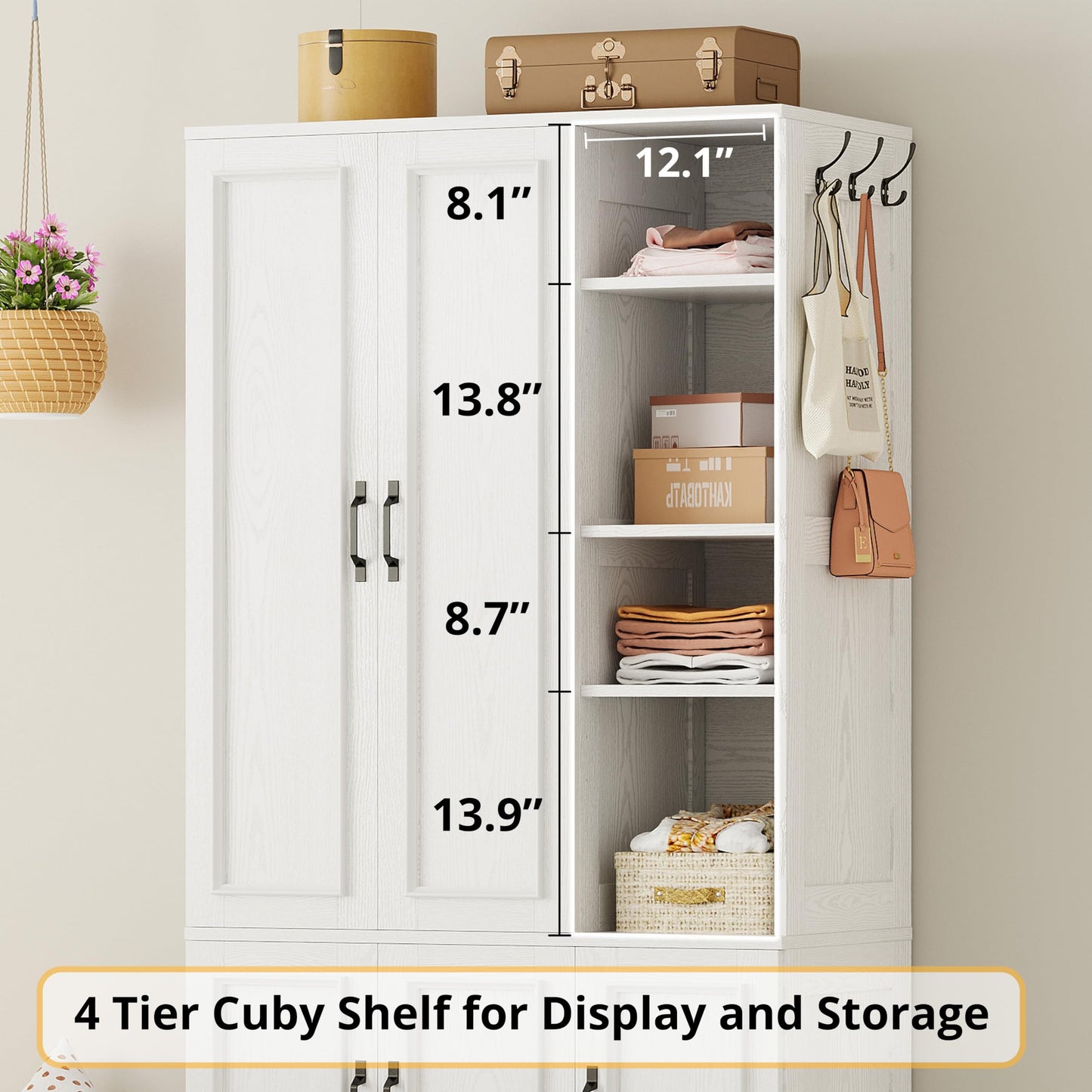 LIKIMIO Armoire Wardrobe Closet 70" H, 5 Doors Bedroom Wooden Wardrobe with 4 Storage Shelves and Hanging Rod, Clothing Storage Cabinet Organizer Combination, White