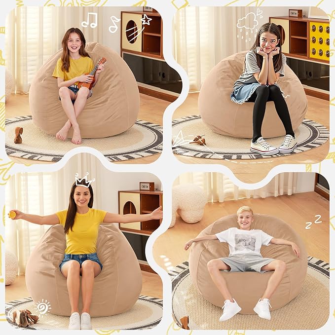 HABUTWAY 2FT Bean Bag Chair, 2' Beanbags Small Bean Bag Chairs with Filling, Teardrop Bean Bag Chair Luxurious Velvet Ultra Soft Fur with Removable Cover(Khaki)