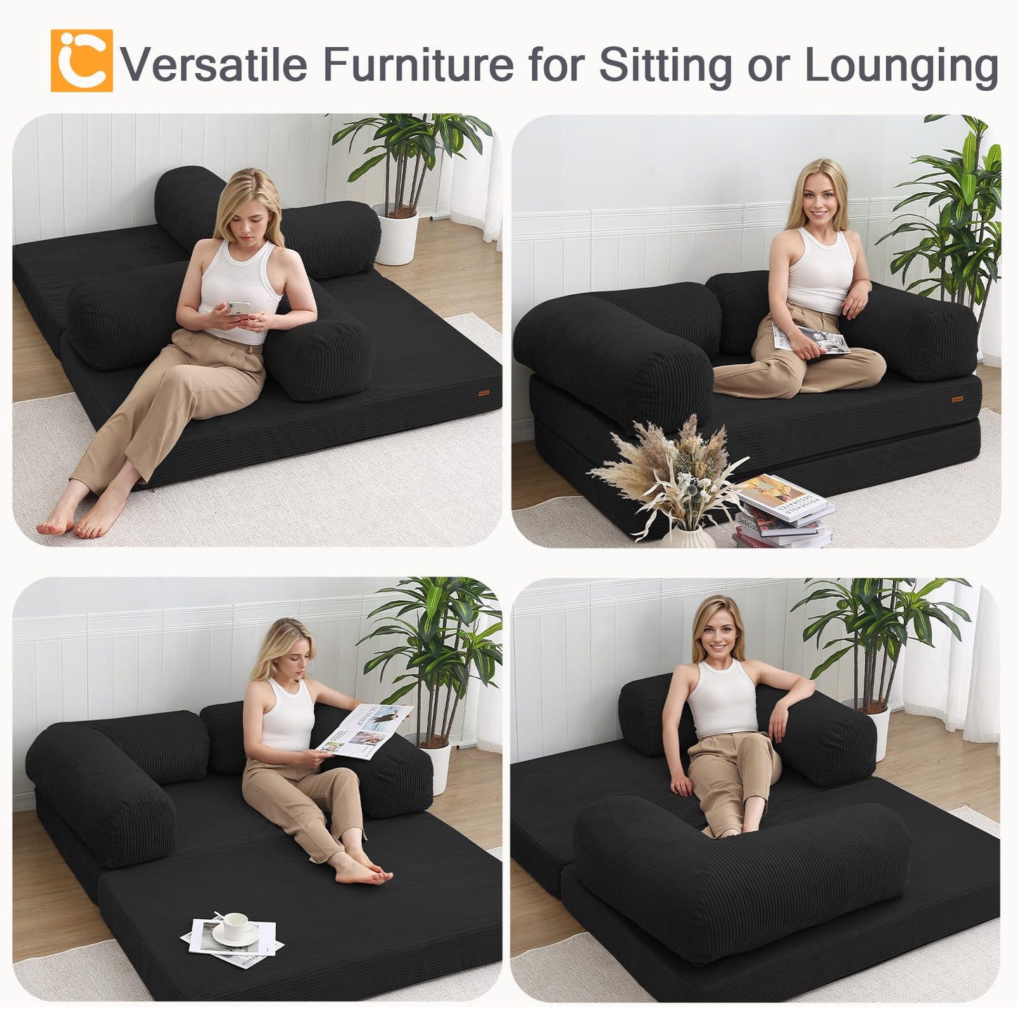 COMAX Folding Sofa Bed Queen, 4-in-1 Foldable Floor Couch Convertible Futon Sofa with Armrests Sleeper Mattress Chair Bed Comfy Portable Fold Out Lounge Guest for Living Room Bedroom, Black