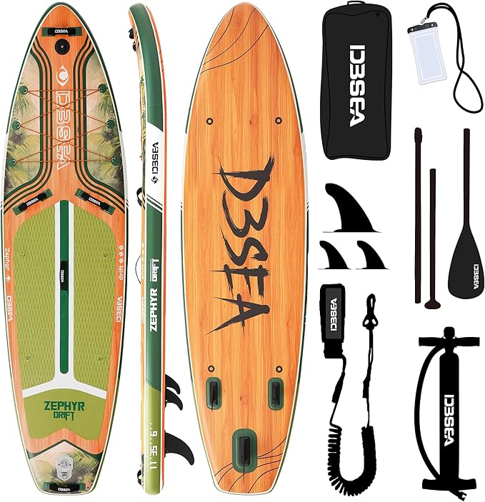 D3SEA 11 ft Inflatable Paddle Board with SUP Accessories, Non Slip EVA Deck, Extra Long Extra Wide iSUP, All Around Stand ...