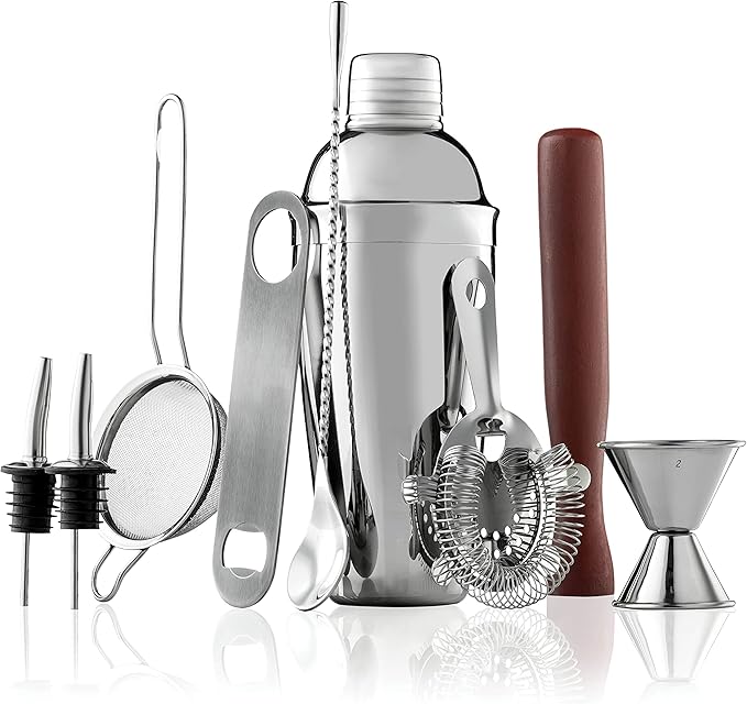 FineDine 10-Piece Cocktail Shaker Set with Travel Bag - Stainless Steel Shaker Set Bartender Kit - Mixology Bartender Kit...
