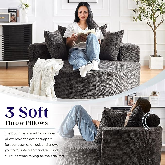 Oversized Round Swivel Chaise Longue Chair Indoor, Modern 55-inch 360 Degree Swivel Upholstered Waffle Chenille Deep Seat Circle Single Cloud Sofa Chair for Living Room Bedroom Apartment Office, Black