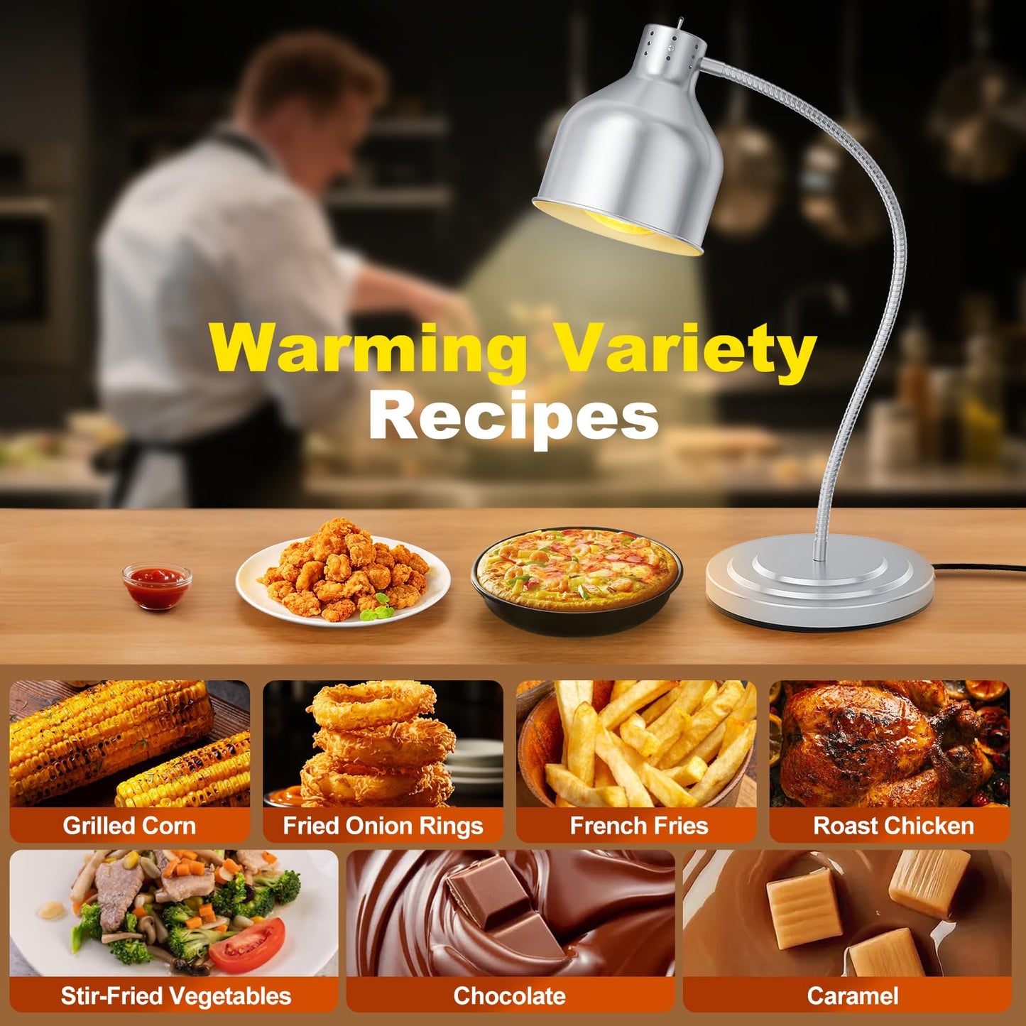 BOEASTER Food Heat Lamp, Single Head 250W Stainless Steel Commercial Food Warmer Lamp with 2 Bulbs, 360° Adjustable Portable Electric Warming Light for Restaurant Kitchen Buffet Counter Party Catering