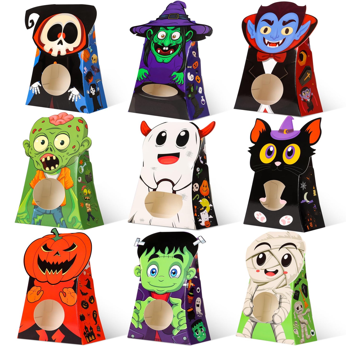 Giiffu 54 PCS Halloween Treat Boxes, Candy Goodie Bags with Window - 9 Designs for Kids Party Favors, Classroom Exchange, Trick or Treat Supplies
