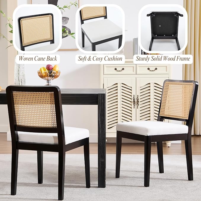 LukeAlon Set of 6 Farmhouse Dining Chairs - Mid Century Modern with Woven Cane Back, Soft Linen Upholstered Seat, Solid Wood Legs for Kitchen, Dining Room & Breakfast Nook, Beige
