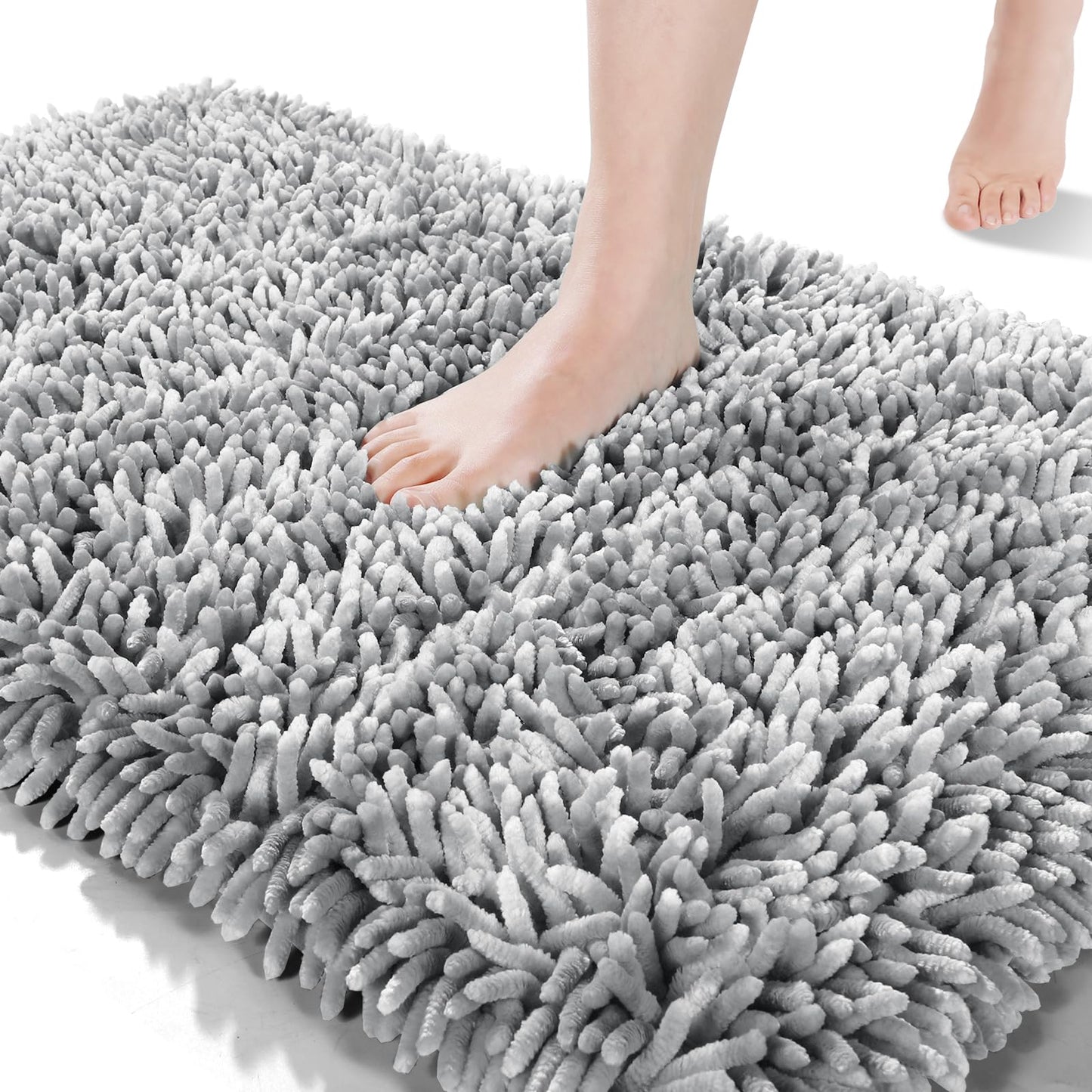 Yimobra Chenille Bathroom Rugs Non Slip, Extra Thick Soft Absorbent Bath Rug 24x17 Inch, Machine Washable Quick Dry Bath Mat for Bathroom Floor, Tub and Shower, Home Decor Accessories, Light Grey