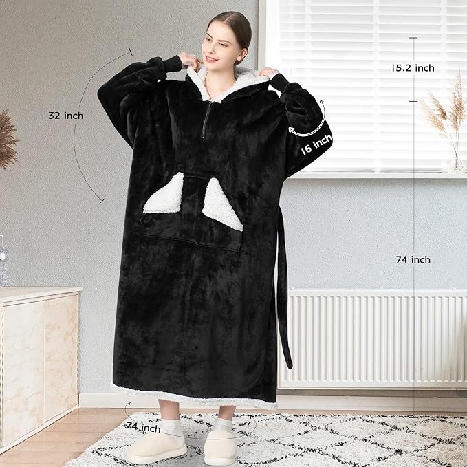 Wearable Blanket Hoodie as Gifts for Women, Long Sherpa Fleece Hooded Blankets with Oversize Hood and Pocket, Warm and Cozy Sweatshirt with Belt, Winter Gift