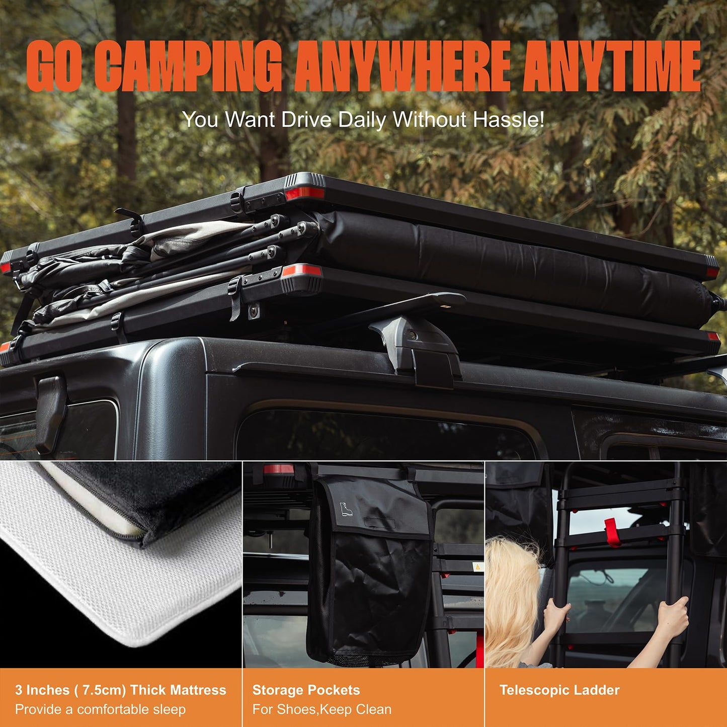 ILANDER Rooftop Tent Hardshell for SUV Van Jeep Truck, Aluminum Alloy Car Rooftop Tent, Waterproof and UV-Resistant Overland Roof Tents Camping for 2-3 Person (1.4M)