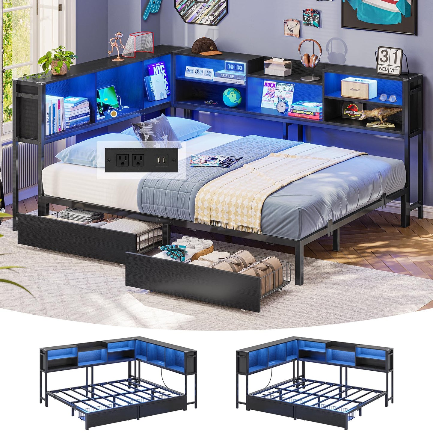 Hasuit Full Corner Bed Frame with Storage Bookcase, Full Size Daybed with 2 Underneath Storage Drawers, Kids Bed Unit with Charging Station and LED Light, Modern Teenagers Bedframe, Black