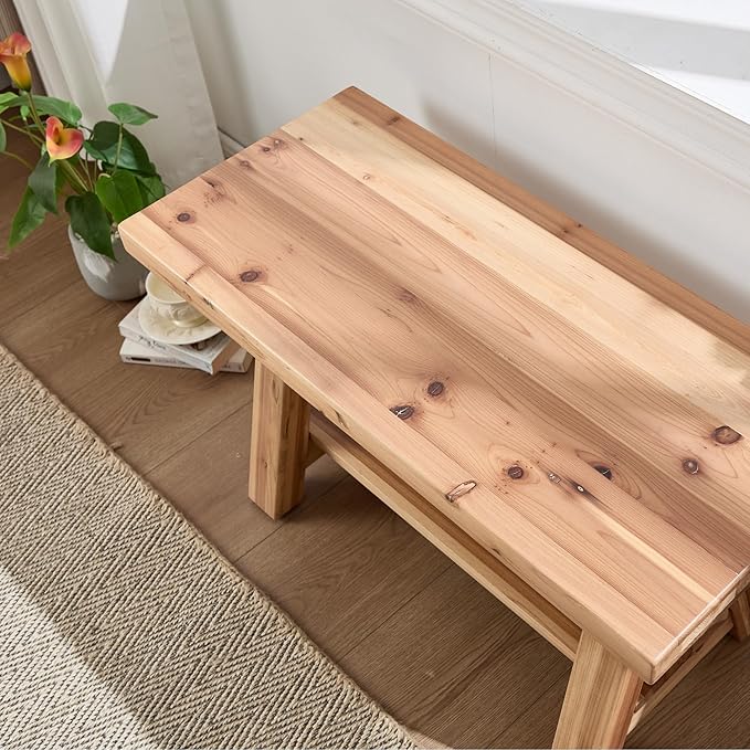 Janoray 30" Entryway Bench with Storage Farmhouse Narrow Dining Bench Shoe Rack Small Wooden Benches Holds up to 300lbs for Hallway Living Room Dining Room Bedroom，2 Tiers, Natural