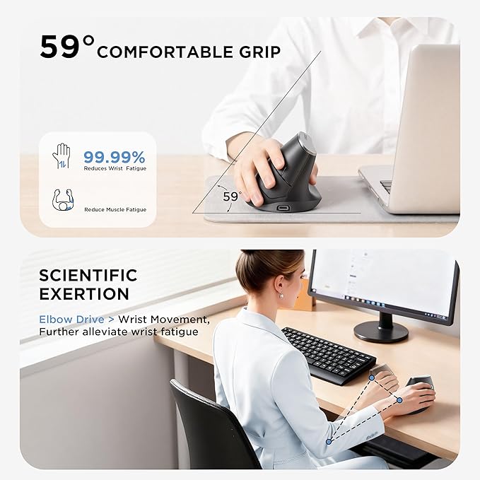 Ergonomic Mouse, Vertica Wireless Mouse 2.4G with USB A Receiver, 2400 DPI Optical Tracking Mice, 4 Adjustable DPI Levels, Rechargeable with Battery Indicator, Wide Compatibility for Windows, Mac OS