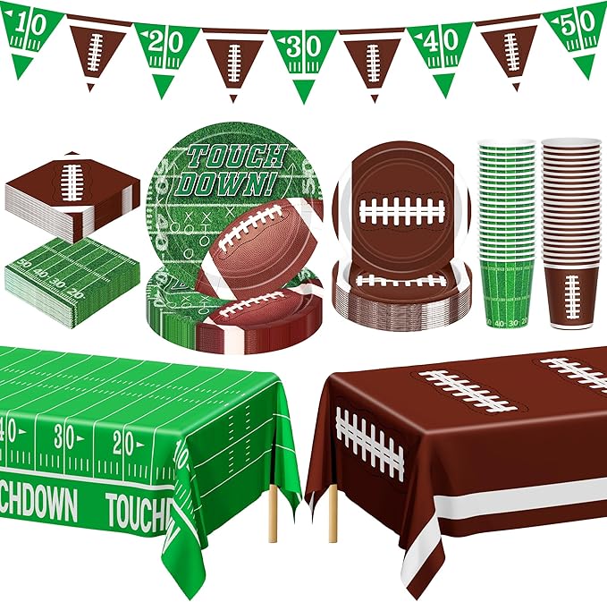 QZYL Football Party Decorations Serve 24, 99 Pcs Football Party Supplies, Disposable Football Dinner Plates Football Desse...