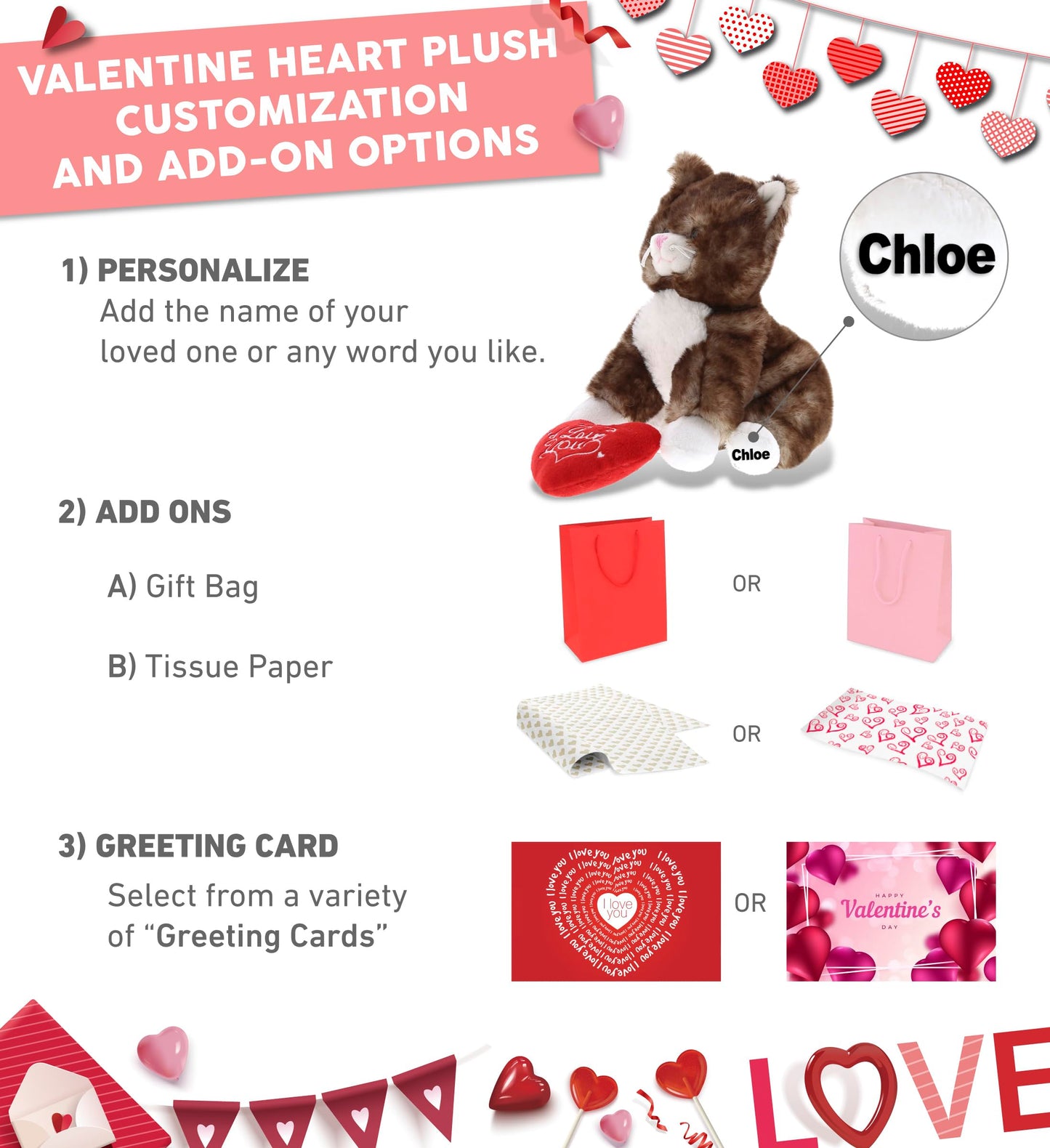 DolliBu I Love You Valentine Plush Brown Cat - Cute Stuffed Animal with Red Heart and Name Personalization Gift for Valentines Day, Birthday, Anniversary, Romantic Date - 6 Inches