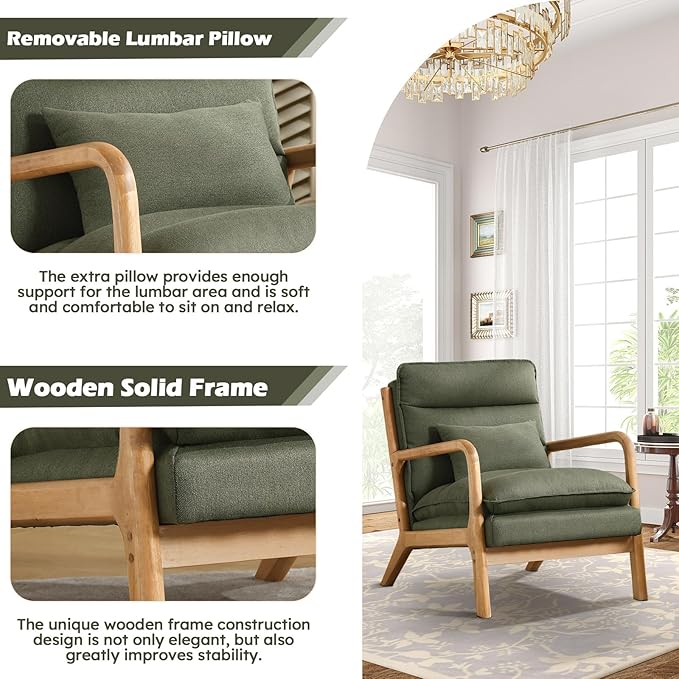 IOMOR Mid Century Modern Accent Chair, Upholstered Lounge Armchair with Plump Back Pillow, Comfy Reading Chair with Solid Wood Frame for Bedroom Living Room, Green