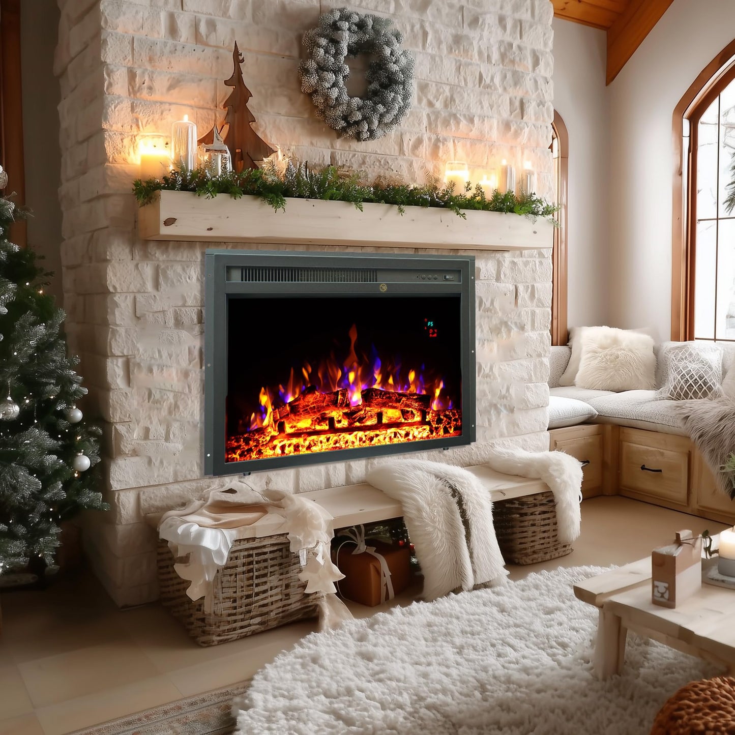 23" Electric Fireplaces Inserts, Recessed Fireplace Heater with Thermostat, 5 Flame&Fuel Bed Brightness,Timer
