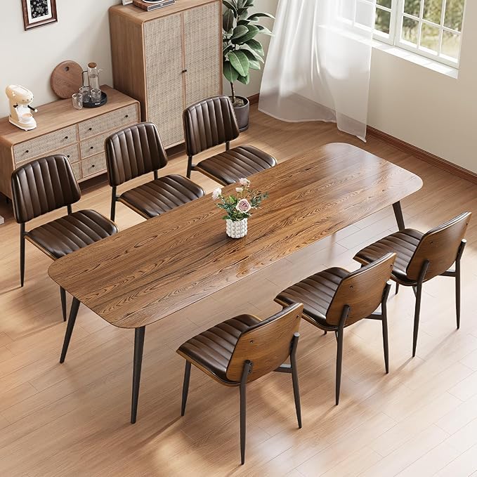 YaFiti Dining Chairs Set of 4, Mid Century Modern Dining Room Kitchen Chairs, Upholstered PU Leather Vertical Stripe Chairs for Vanity with Walnut Bentwood and Metal Legs, Brown