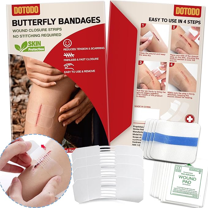 Emergency Wound Closure Strips - HSA/FSA Eligible - Dotodo 4PCS Laceration Closure Kit - Sutures Butterfly Bandaids | Stre...