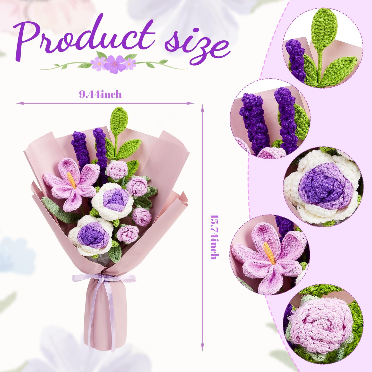 LAIDANLA Crochet Flowers Bouquet Purple Handmade Crocheted Roses Tulip Lavender 7pcs Anniversary Weddings Appreciation Christmas Birthdays Gifts for Women Knitted Flower Bouquet