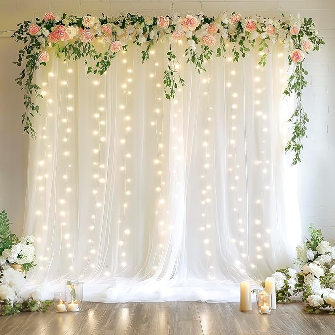 Fomcet Tulle Backdrop Curtains with Lights String White 10FT X 8FT Sheer Curtain with Lights Tulle Curtains Backdrop for W...