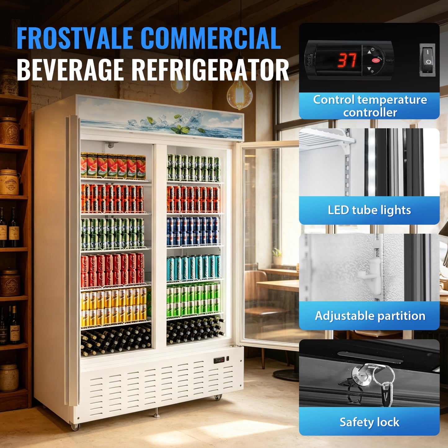 Frostvale 41 Cu.Ft Commercial Display Refrigerator, White 2 Glass Door Beverage Cooler with Lighted Header, ETL Upright Merchandiser Fridge for Drinks, Soda, Beer, Restaurant, Store