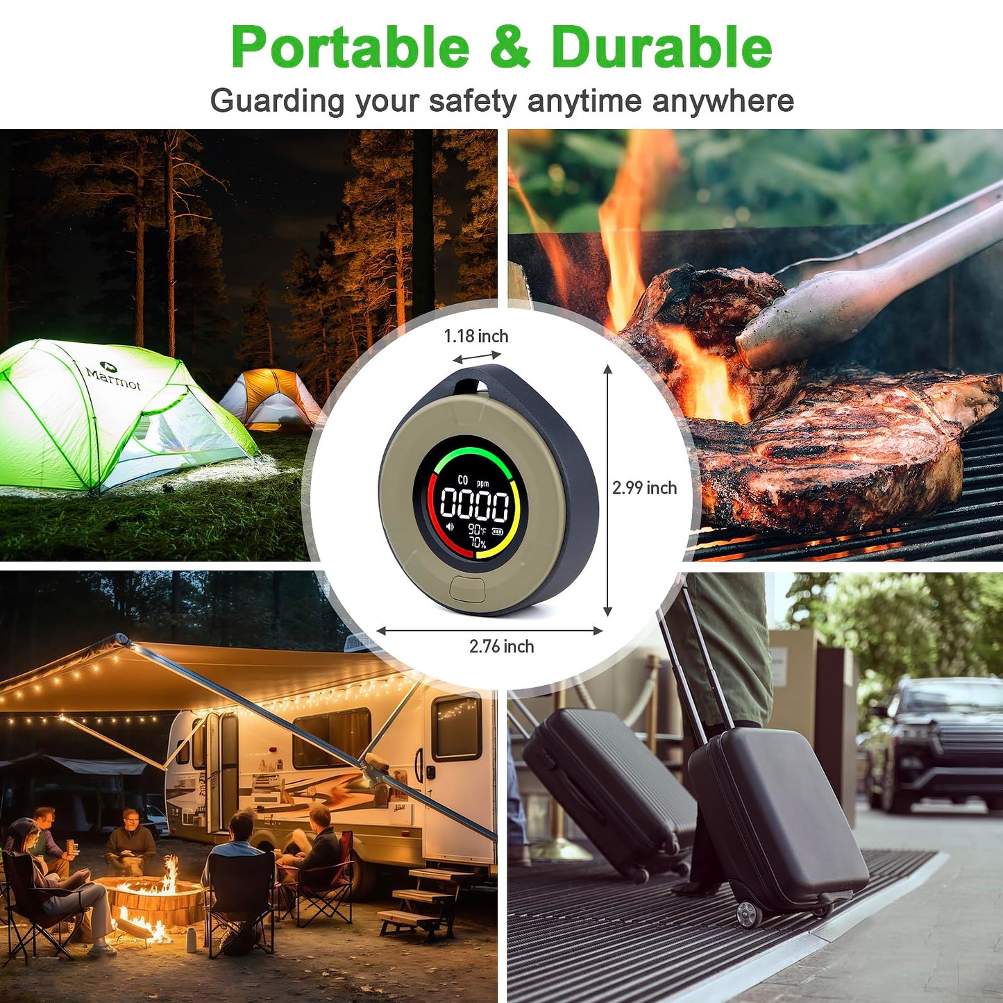 Pildegro 3-in-1 Portable Carbon Monoxide Detector, Professional Rechargeable Real-Time Travel CO Monitor 140HR Standby, Premium Reliable CO Detector with Loud Alarm for Air Safety (Grey/Courage)