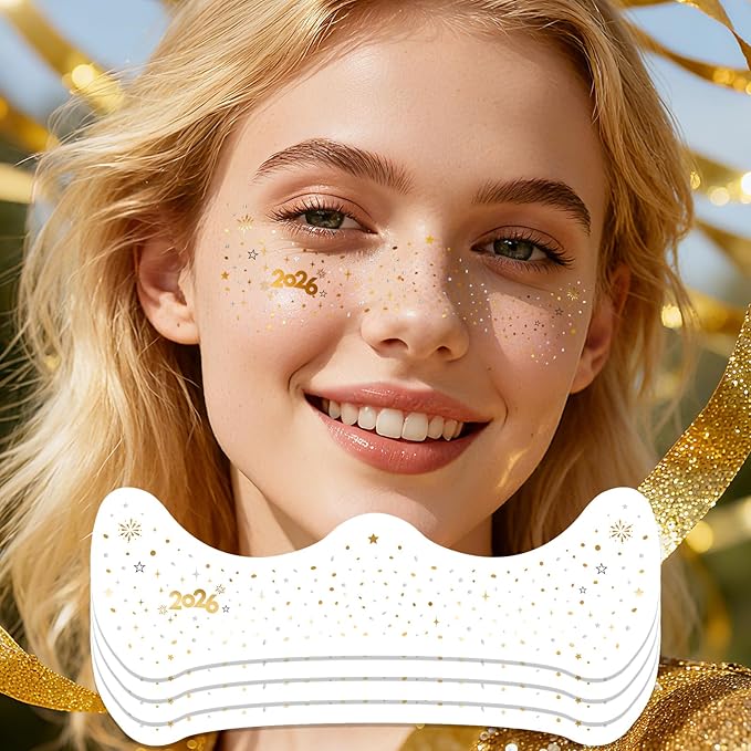 Ovasorve 2026 New Year Freckles Face Tattoo - Glittering 2026 Stars in Gold & Silver | Waterproof Face Gems for Women NYE ...