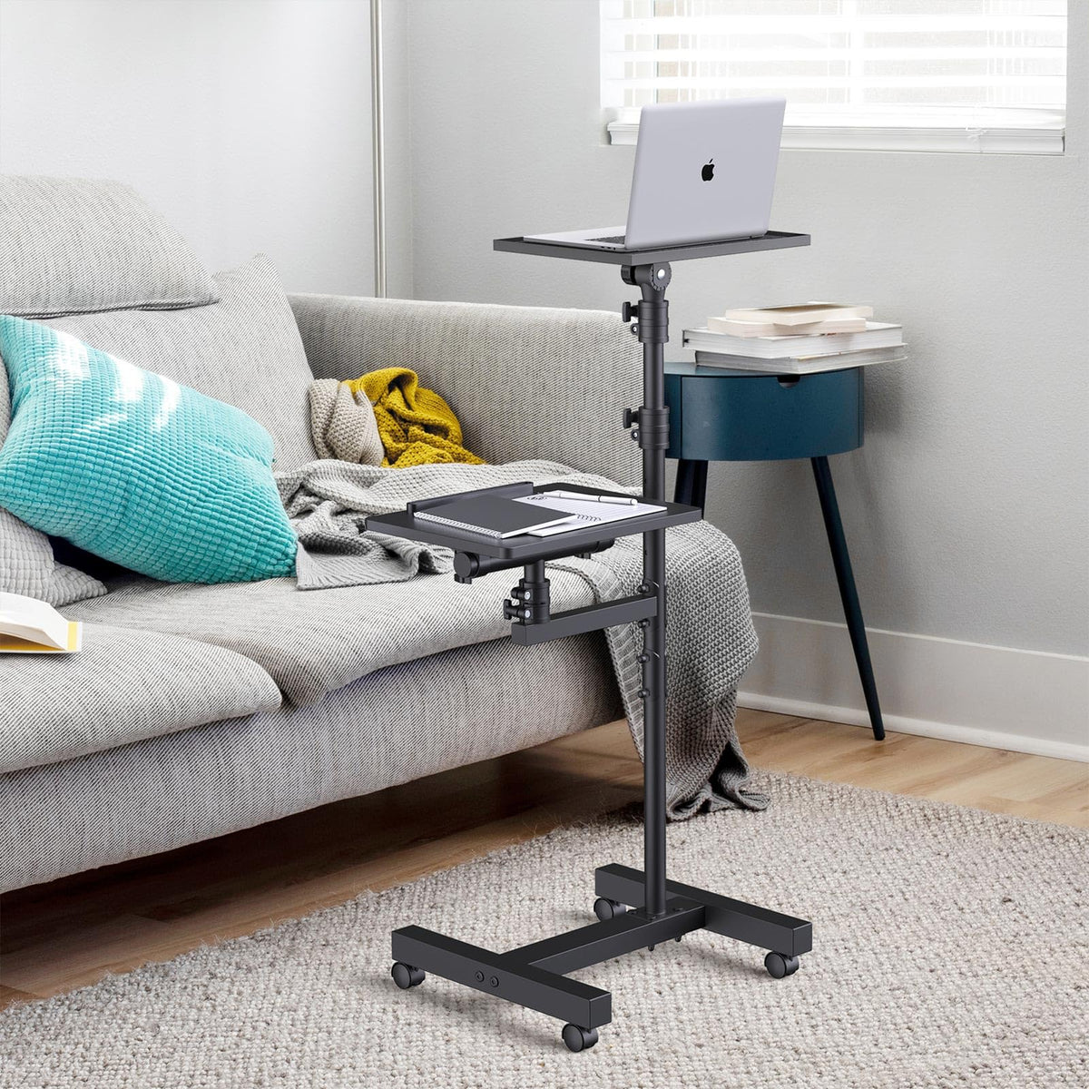 Facilife 2 Shelves Projector Stand Tripod, Mobile Laptop Cart on Wheels Projector Tripod Stand Adjustable Height 45 to 64 Inches, Overbed Table with Wheels, Rolling Laptop Floor Stand for Couch
