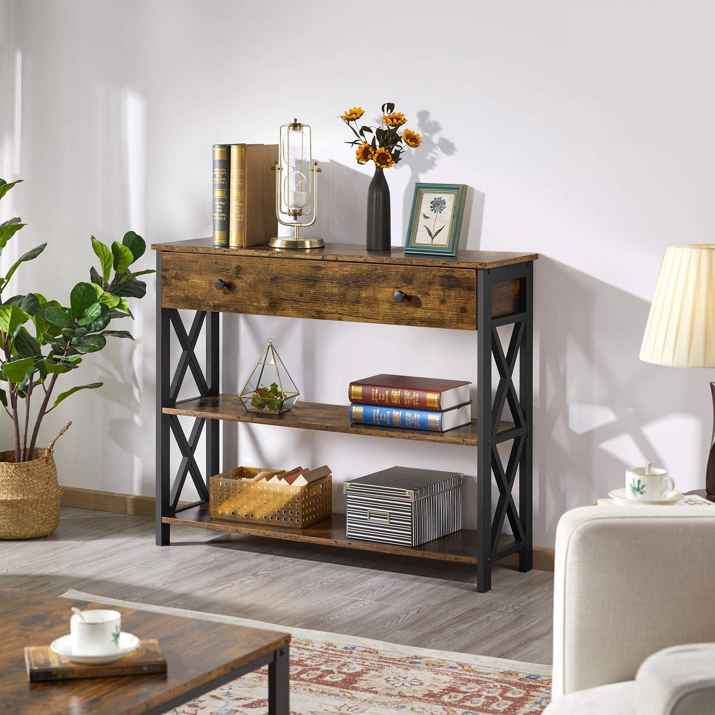 Yaheetech Console Table with Drawer, Entryway Table with 3 Tier Storage Shelves, Narrow Long Sofa Tables for Entryway, Living Room, Hallway, Couch, Kitchen, Metal Frame, Rustic Brown