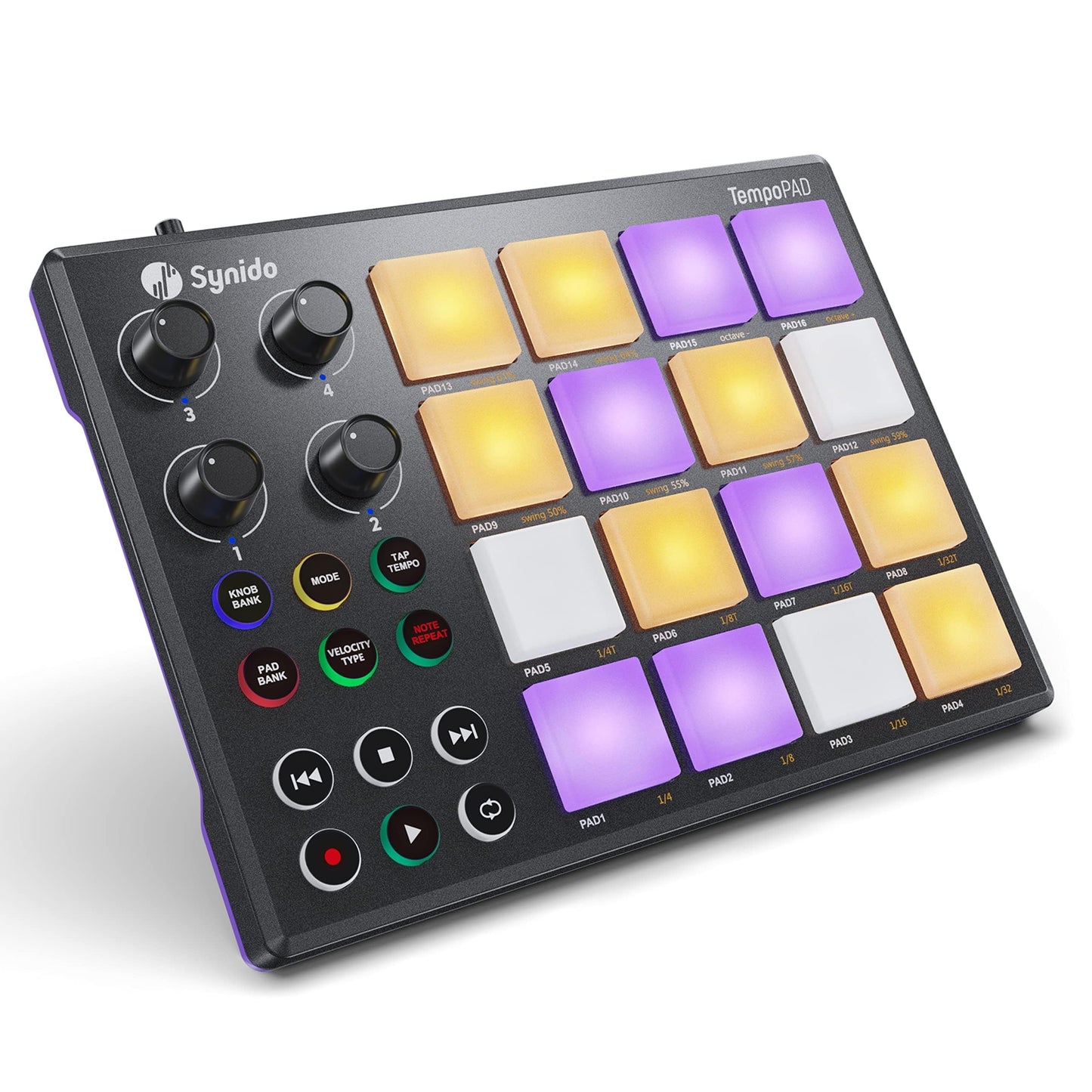 Synido Beat Maker Machine with 16 RGB Backlit Beat Pads, TempoPAD USB Portable MIDI Drum Pad Controller, 4 Assignable Knobs, for Beginner Music Production, Black -Like New