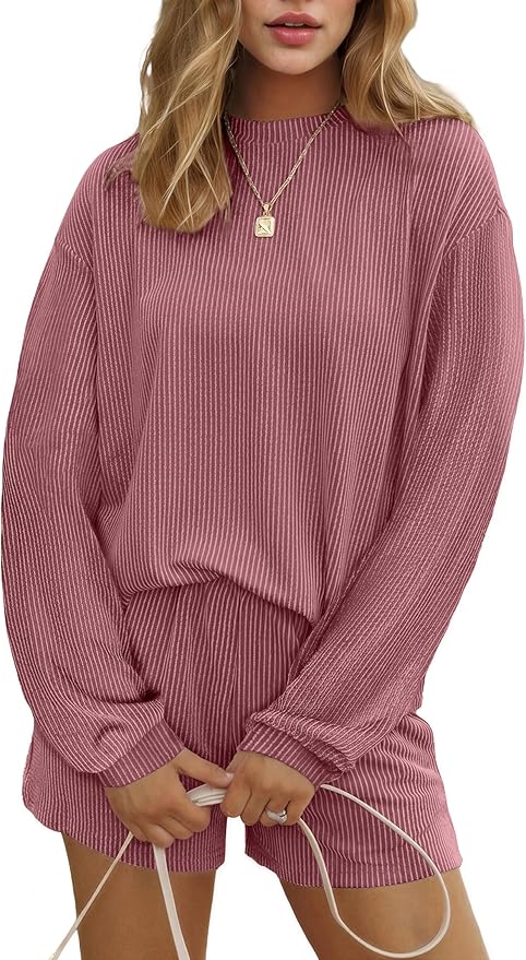 Ekouaer 2 Pieces Lounge Set for Women Long Sleeve Pajamas Top and Shorts Matching Sets Outfits with Pockets