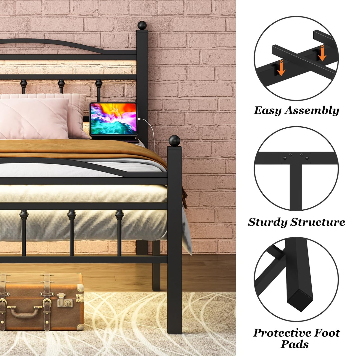Jenmit Twin Bed Frames with Headboard, LED Bed Frame with Charging Station, Metal Platform, Under-Bed Storage, No Box Spring Needed, Noise Free, Easy Assembly, Black