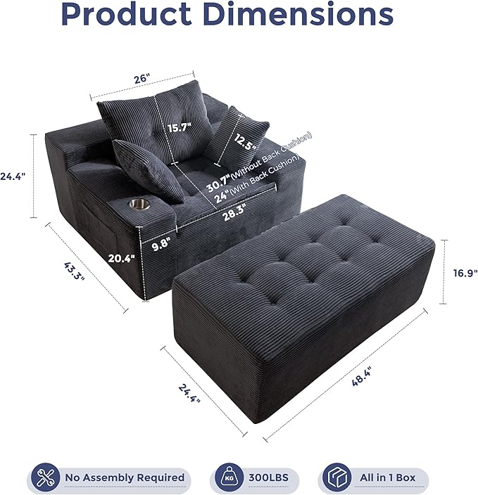MAXYOYO Modular Sectional Chaise Lounge Sofa, Upholstered Lounge Chair with Pillows Indoor, Tufted Boneless Sofa Couch with Ottoman, Deep Seat Sleeper Chair for Living Room, No Assembly, Grey