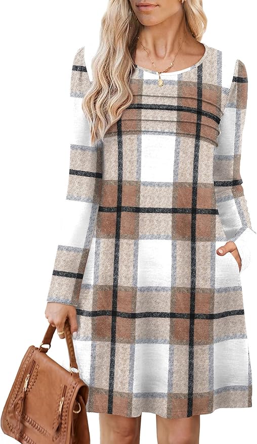 OFEEFAN Womens Long Sleeve Tunic Dress Fall Fashion Sweater Dress with Pockets Pleated Front Casual Winter