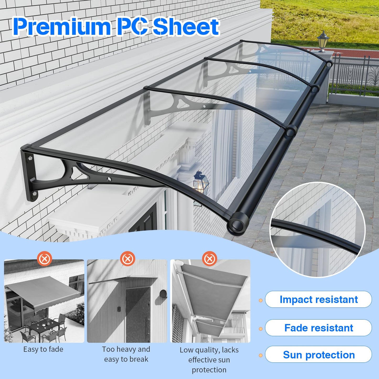Awning for Door Entrance,40x80 Inch Awnings for Doors with Drainage Sink,Window Canopy Exterior with Aluminum Alloy Bracket,Solid Polycarbonate Cover,UV,Rain,Snow Protection for House,Porch,Patio,Deck