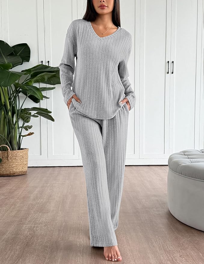 Ekouaer Lounge Sets for Women Long Sleeve Knit Ribbed Pajama Sets 2 Piece Casual Loungewear with Pockets