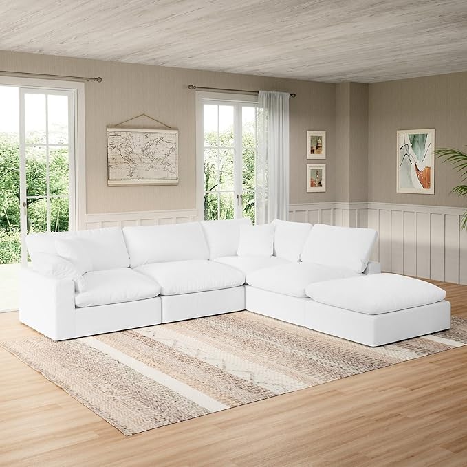 Intuition Decor Modular Sectional Sofa Cloud Couch,Down Filled Comfy Cloud Modern Sofa,White Linen Oversized Couch Cushion Covers Removable for Living Room(3 Seater)